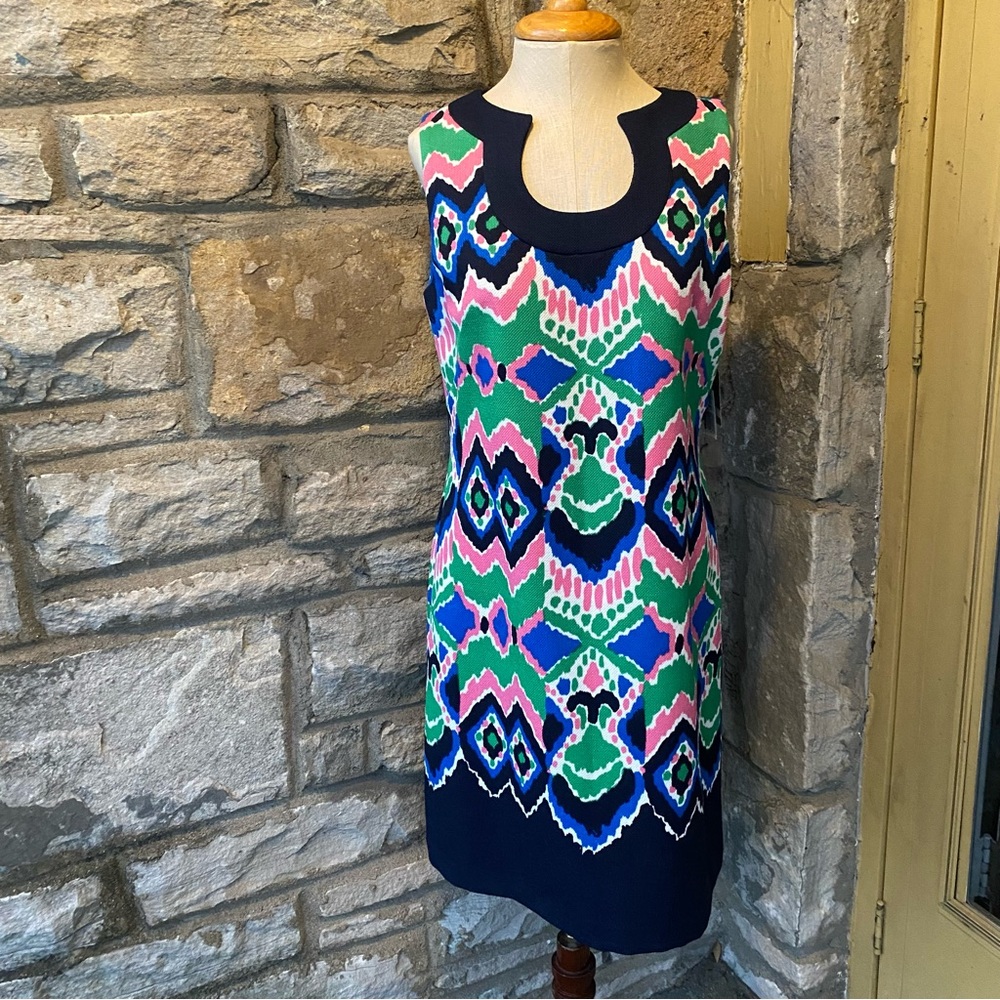 NWT Gabby Skye sleeveless geometric aztec sheath dress blue pink 10